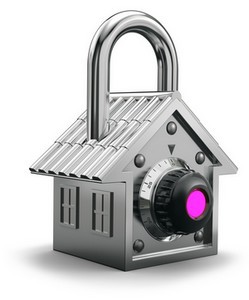 Padlock having the shape of a house, home security concept